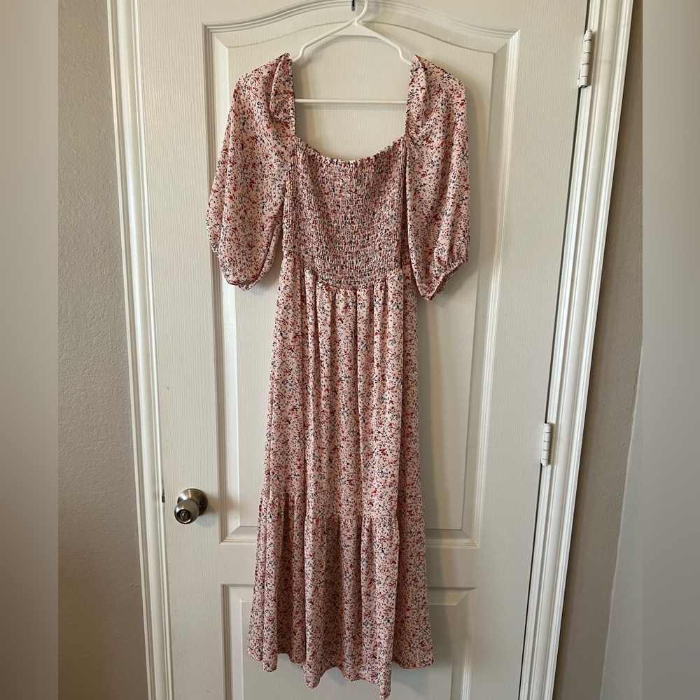 PINK BLUSH Light Pink Floral Smocked Maternity Midi Dress